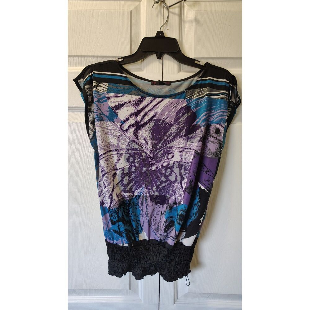 Heart Soul Y2K Butterfly & Abstract Graphic Smocked Hem Blouse Medium